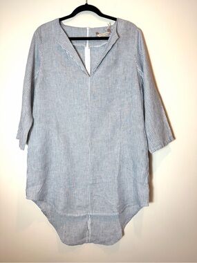 Soft Surroundings "Getaway" Striped 100% Linen Tunic Top Blue White SZ Small